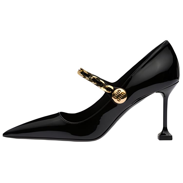 Buy MIU MIU 缪缪 漆皮 金属链条 高跟鞋 女款 黑色