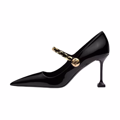 (W) MIU MIU Patent Leather High Heels 'Black' 'Metal Chain'