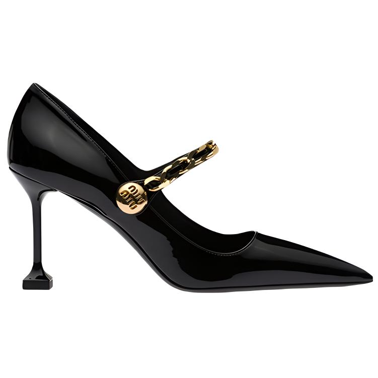 (W) MIU MIU Patent Leather High Heels 'Black' 'Metal Chain' 圖 2