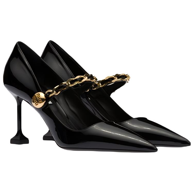 (W) MIU MIU Patent Leather High Heels 'Black' 'Metal Chain' 圖 3