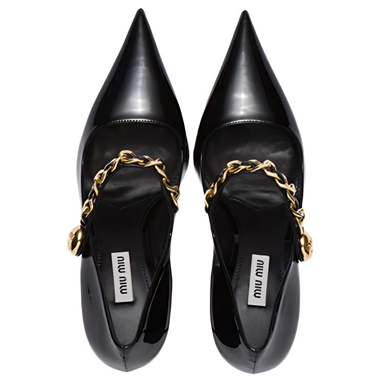 (W) MIU MIU Patent Leather High Heels 'Black' 'Metal Chain' 圖 4