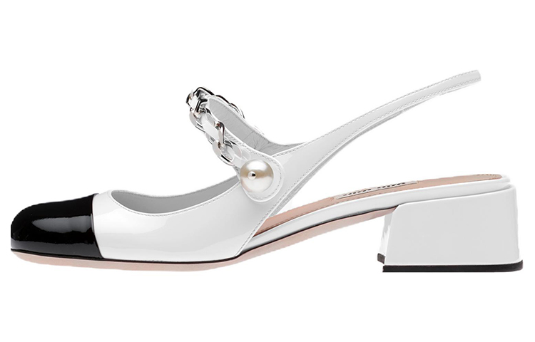 (Women) MIU MIU Patent Leather High Heels 'Pearl Chain Pink Sole White Black' 5I460D_ZHV_F0964_F_035