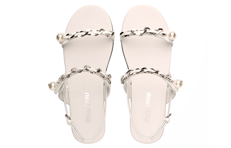 (W) MIU MIU Patent Leather Pearl Detail Sandals 'White' 圖 5