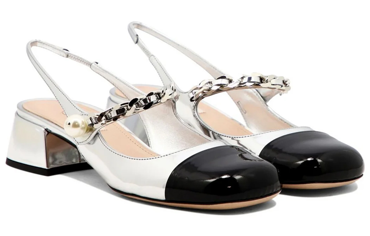(W) MIU MIU Patent Leather Slingback Pumps 3.5cm 'Silver Black' 圖 3