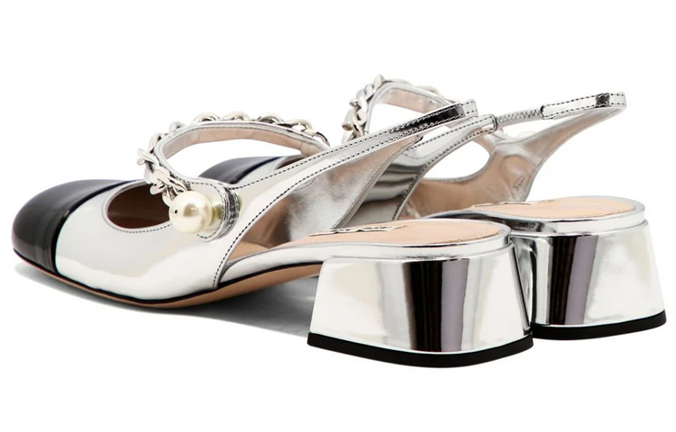 (W) MIU MIU Patent Leather Slingback Pumps 3.5cm 'Silver Black' 圖 4