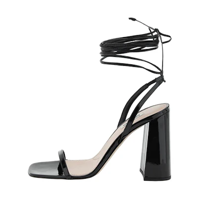 (W) MIU MIU Patent Leather Square Toe Chunky Heel Lace-Up Sandals 'Black Fashion'