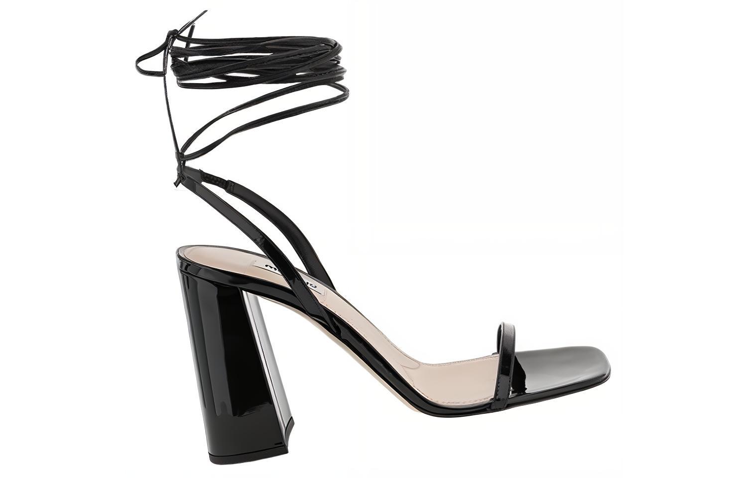(W) MIU MIU Patent Leather Square Toe Chunky Heel Lace-Up Sandals 'Black Fashion' 圖 4