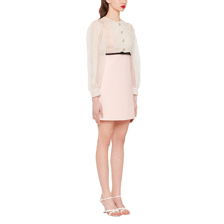 Purchase (W) MIU MIU 粉色拼色短袖绉纱中长连衣裙. MF4299-1Y8Y-F0D91