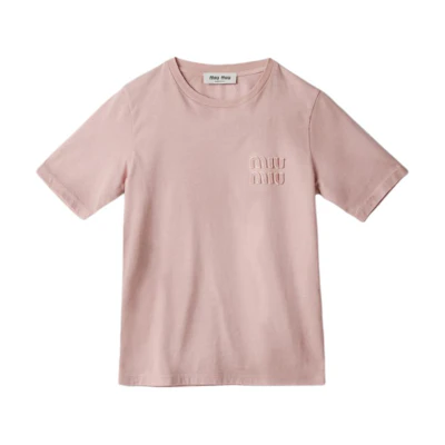 (Women) MIU MIU Pink Short Sleeve T-Shirt with Embroidered Logo for Women. MJN540-14RR-F0E18-S-OOO