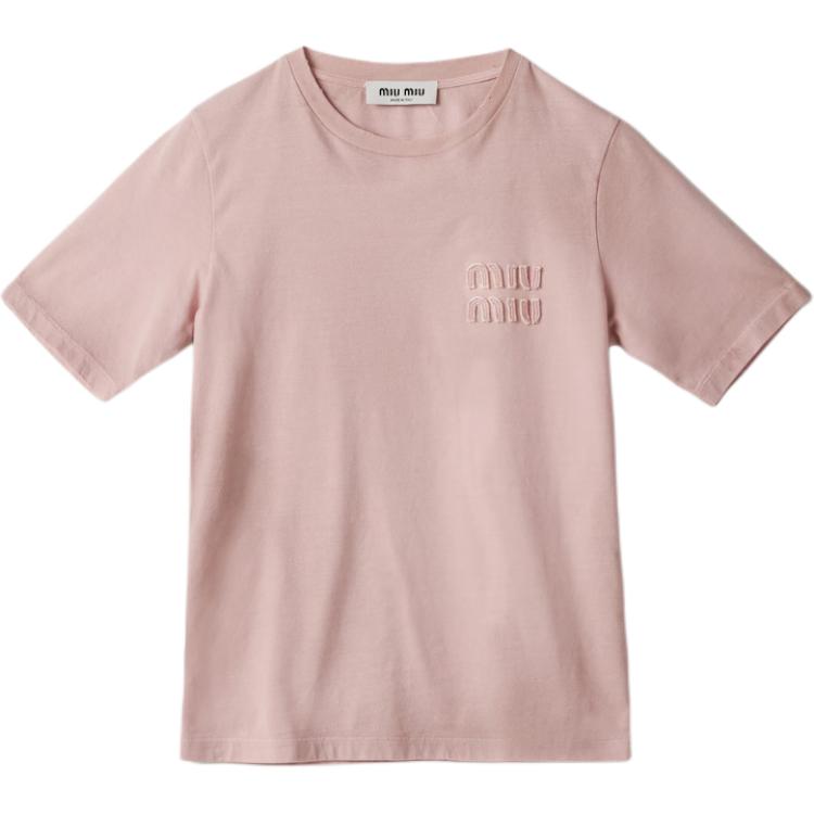 Order (W) MIU MIU ピンク 刺繍ロゴ入り レディース 半袖Tシャツ MJN540-14RR-F0E18-S-OOO