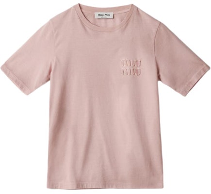 (W) MIU MIU ピンク 刺繍ロゴ入り レディース 半袖Tシャツ MJN540-14RR-F0E18-S-OOO Order (W) MIU MIU ピンク 刺繍ロゴ入り レディース 半袖Tシャツ MJN540-14RR-F0E18-S-OOO