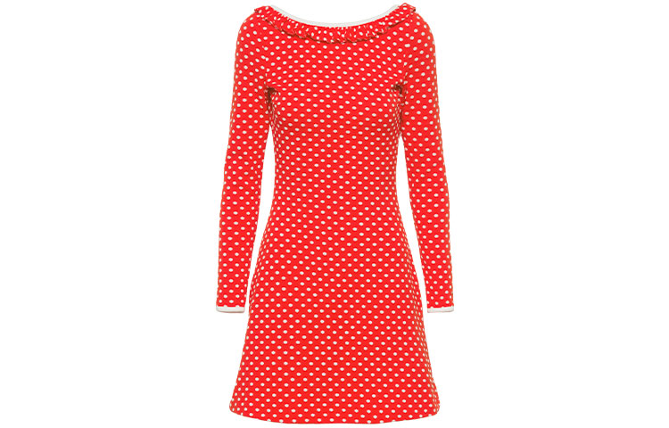 (Women) MIU MIU Polka Dot Red A-Line Long Sleeve Dress SS21 Fashion. MJA813-1DVC-F0D17