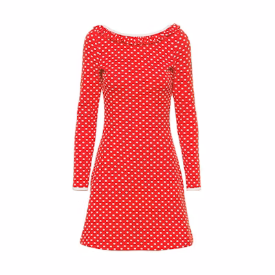 (Women) MIU MIU Polka Dot Red A-Line Long Sleeve Dress SS21 Fashion. MJA813-1DVC-F0D17