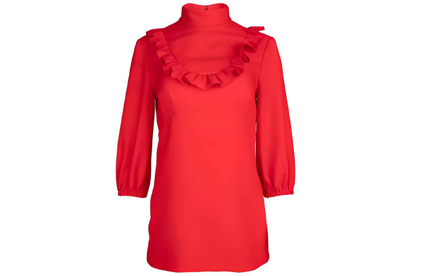 (Women) MIU MIU Red High-Neck Pleated Long-Sleeve Sunscreen Shirt. MT1561-1HEC-F0011