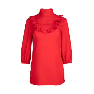 (Women) MIU MIU Red High-Neck Pleated Long-Sleeve Sunscreen Shirt. MT1561-1HEC-F0011