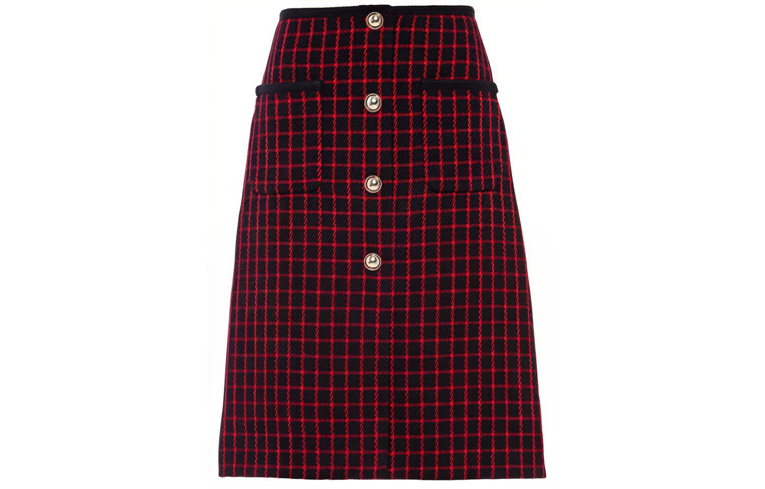 (Women) MIU MIU Red Plaid Button-Front A-Line Skirt. MG1665-1ZGW-F0N98