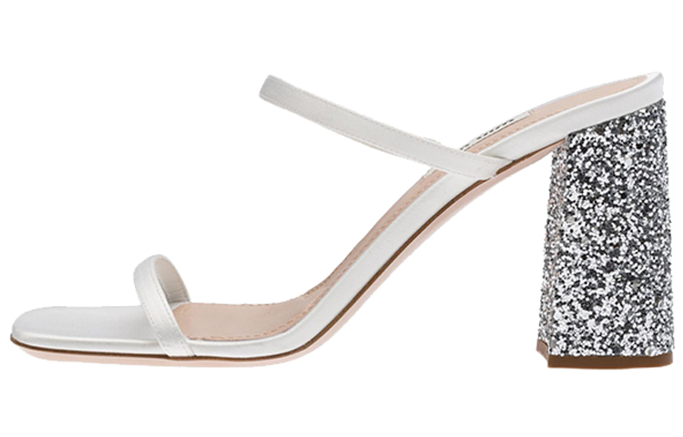 (W) MIU MIU Satin Chunky Heel Sandals 'White Silver Sparkle'