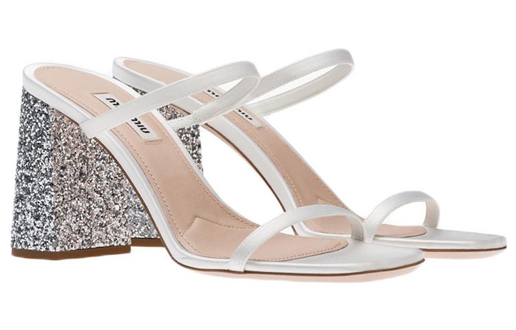 (W) MIU MIU Satin Chunky Heel Sandals 'White Silver Sparkle' 圖 2