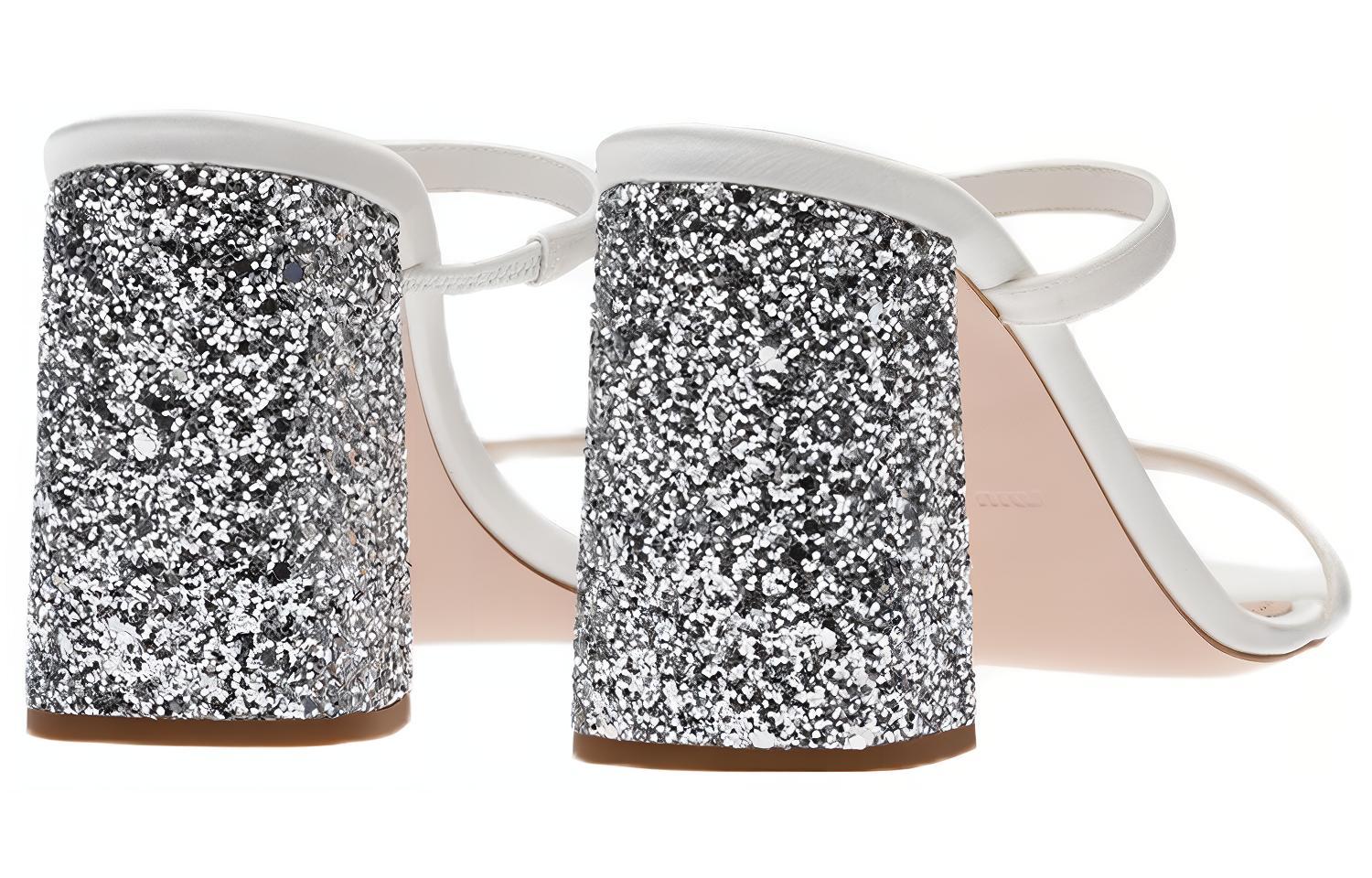 (W) MIU MIU Satin Chunky Heel Sandals 'White Silver Sparkle' 圖 4