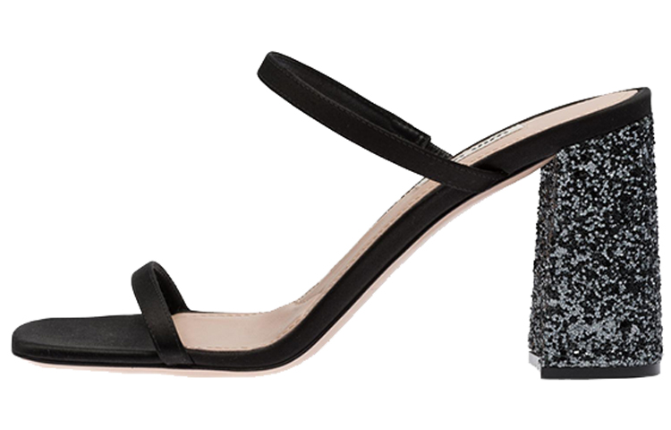 (W) MIU MIU Satin Fashion Slide Black 'Glitter Chunky Heel'