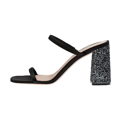 (W) MIU MIU Satin Fashion Slide Black 'Glitter Chunky Heel'