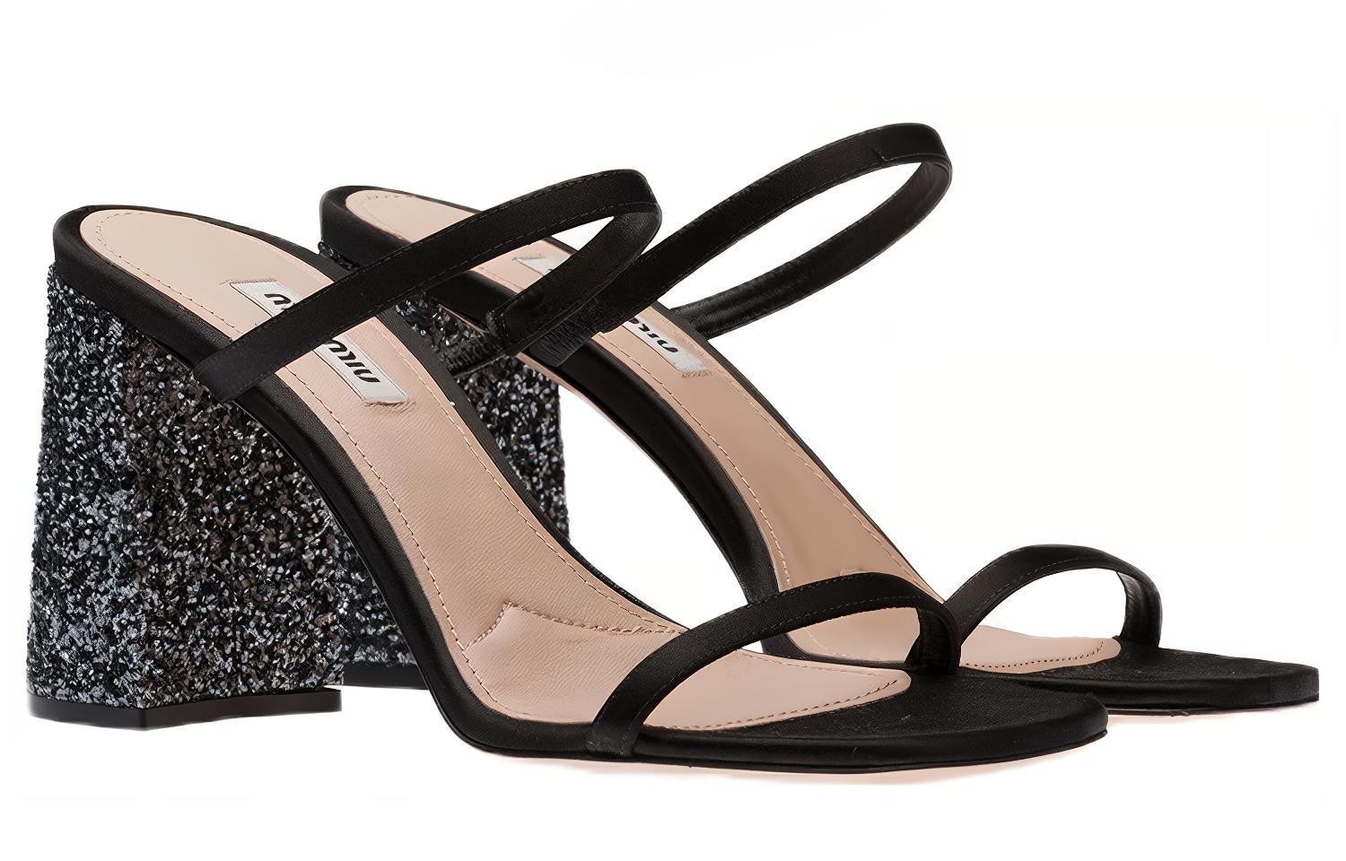 (W) MIU MIU Satin Fashion Slide Black 'Glitter Chunky Heel' 圖 2