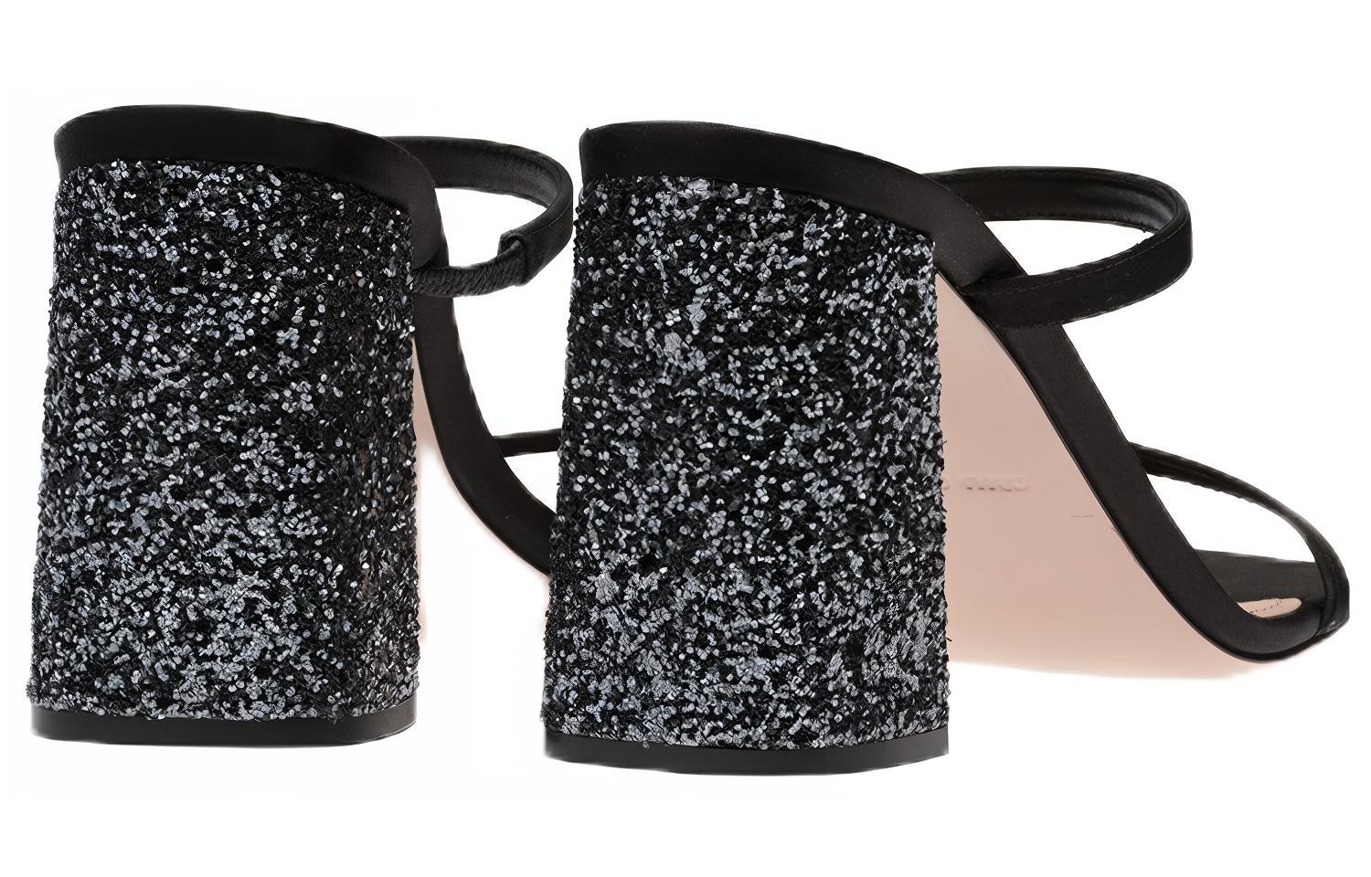 (W) MIU MIU Satin Fashion Slide Black 'Glitter Chunky Heel' 圖 3