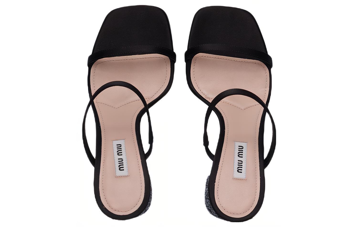 (W) MIU MIU Satin Fashion Slide Black 'Glitter Chunky Heel' 圖 4