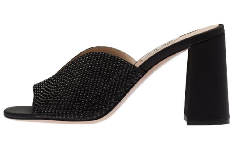 (W) MIU MIU Satin Open Toe 8.5cm Black 'Crystal Embellishments'