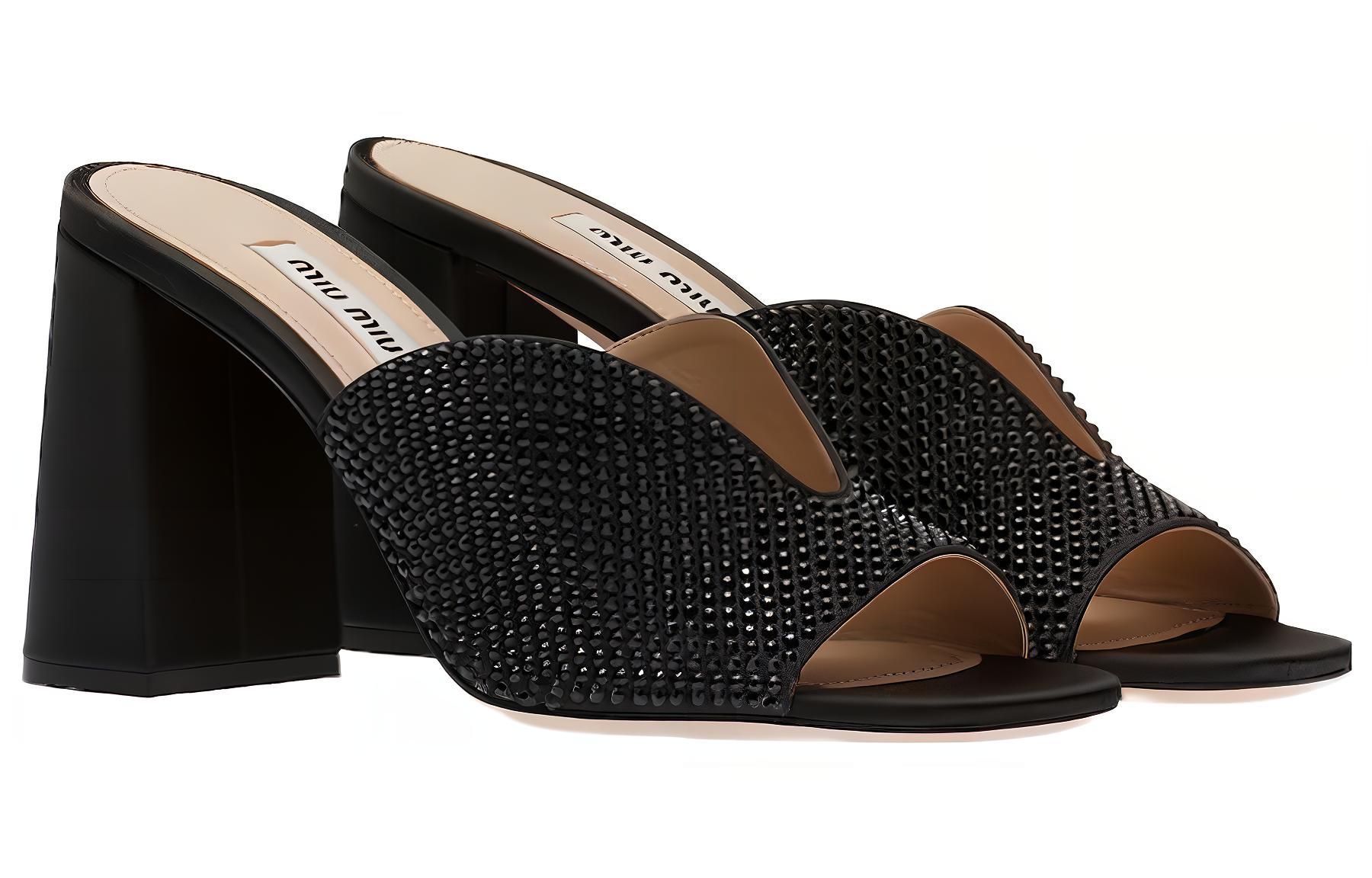 (W) MIU MIU Satin Open Toe 8.5cm Black 'Crystal Embellishments' 圖 3