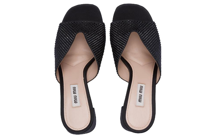 (W) MIU MIU Satin Open Toe 8.5cm Black 'Crystal Embellishments' 圖 5