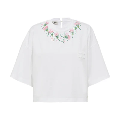 (Women) MIU MIU Sequin Embroidered Cotton Oversized T-Shirt White SS22. MJN378-104J-F0009