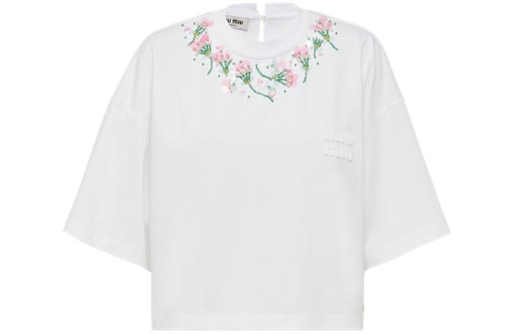 Order (Women) MIU MIU Sequin Embroidered Cotton Oversized T-Shirt White  SS22. MJN378-104J-F0009