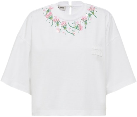 (Women) MIU MIU Sequin Embroidered Cotton Oversized T-Shirt White SS22. MJN378-104J-F0009 Order (Women) MIU MIU Sequin Embroidered Cotton Oversized T-Shirt White SS22. MJN378-104J-F0009