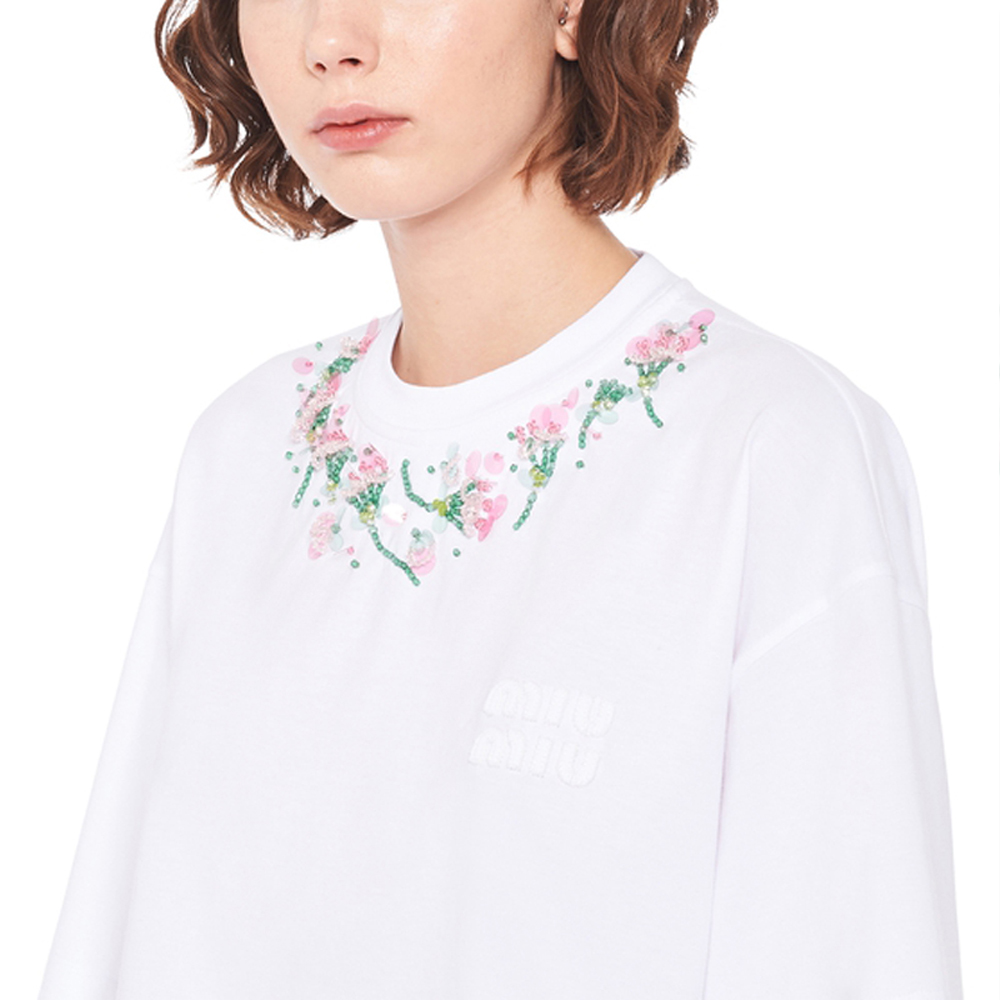 Details for (Women) MIU MIU Sequin Embroidered Cotton Oversized T-Shirt White  SS22. MJN378-104J-F0009