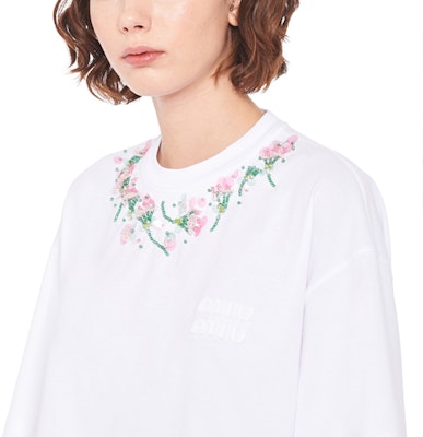 (Women) MIU MIU Sequin Embroidered Cotton Oversized T-Shirt White SS22. MJN378-104J-F0009 Details for (Women) MIU MIU Sequin Embroidered Cotton Oversized T-Shirt White SS22. MJN378-104J-F0009