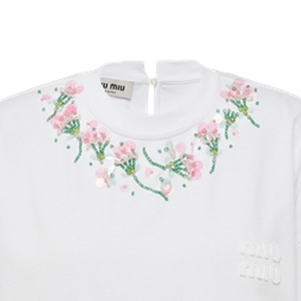 Sizing (Women) MIU MIU Sequin Embroidered Cotton Oversized T-Shirt White  SS22. MJN378-104J-F0009