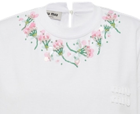 (Women) MIU MIU Sequin Embroidered Cotton Oversized T-Shirt White SS22. MJN378-104J-F0009 Sizing (Women) MIU MIU Sequin Embroidered Cotton Oversized T-Shirt White SS22. MJN378-104J-F0009