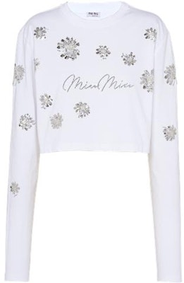 (W) ミュウミュウ 花柄スパンコール クルーネック長袖Tシャツ ホワイト SS22 MJL807-10C3-F0009 Buy (W) ミュウミュウ 花柄スパンコール クルーネック長袖Tシャツ ホワイト SS22 MJL807-10C3-F0009