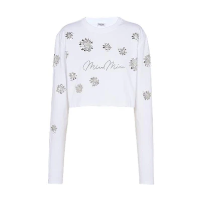 (Women) MIU MIU Sequin Floral Pattern Crewneck Long Sleeve SS22 Tee White MJL807-10C3-F0009