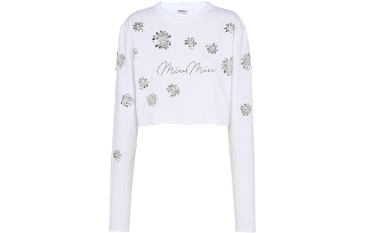 Order (W) ミュウミュウ 花柄スパンコール クルーネック長袖Tシャツ ホワイト SS22 MJL807-10C3-F0009