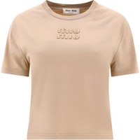 (Women) MIU MIU Solid Beige Slim Fit Short Sleeve Round Neck T-Shirt. MJN467-137L-F0627 (Women) MIU MIU Solid Beige Slim Fit Short Sleeve Round Neck T-Shirt. MJN467-137L-F0627