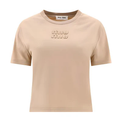 (Women) MIU MIU Solid Beige Slim Fit Short Sleeve Round Neck T-Shirt. MJN467-137L-F0627