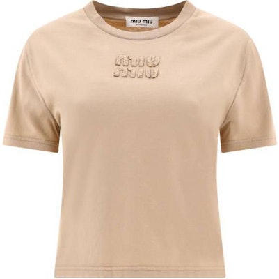 (W) Camiseta MIU MIU Beige Sólido Slim Fit Manga Corta Cuello Redondo. MJN467-137L-F0627 Order (W) Camiseta MIU MIU Beige Sólido Slim Fit Manga Corta Cuello Redondo. MJN467-137L-F0627
