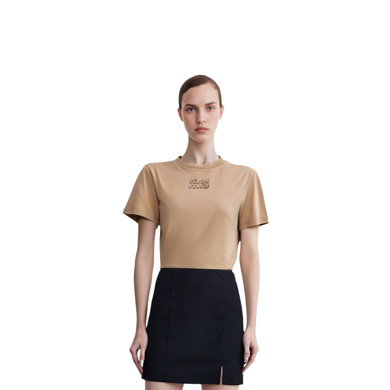 Purchase (W) Camiseta MIU MIU Beige Sólido Slim Fit Manga Corta Cuello Redondo. MJN467-137L-F0627