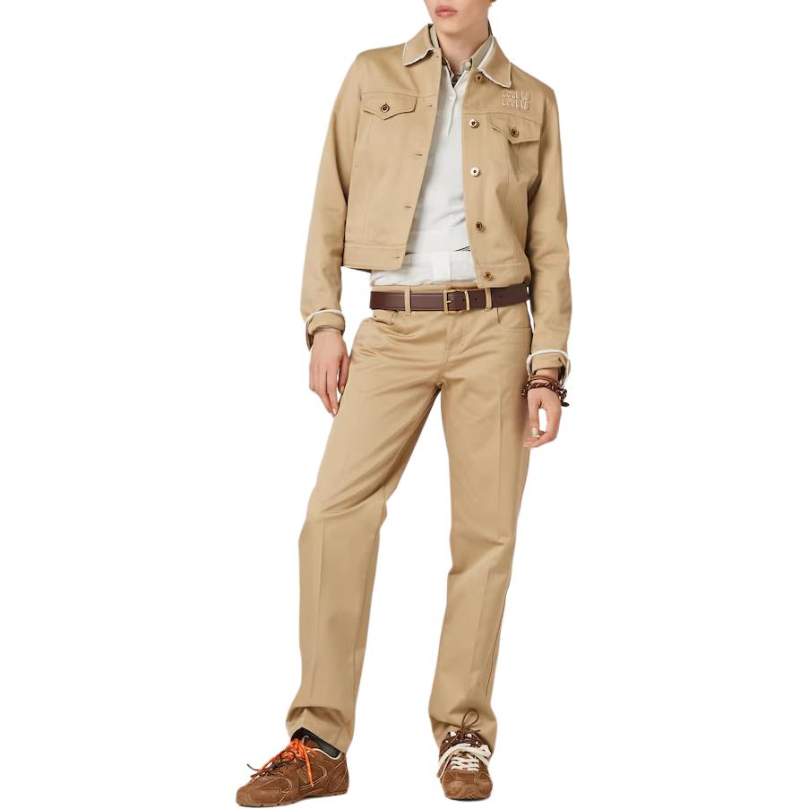 Lookbook (Women) MIU MIU Solid Logo Embroidered Straight-Leg Casual Pants Rope Gray Women. MP1801-1UPX-F0065-S-OOO