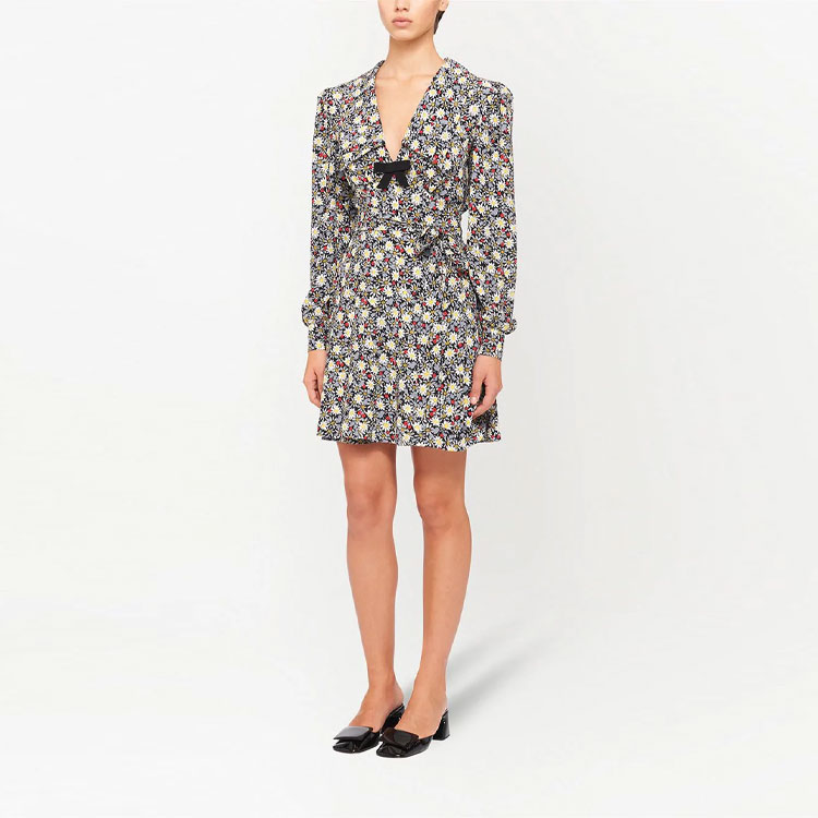 Lookbook (W) MIU MIU SS21黑色印花长袖绉纱连衣裙 MF4136-1YS4-F0002