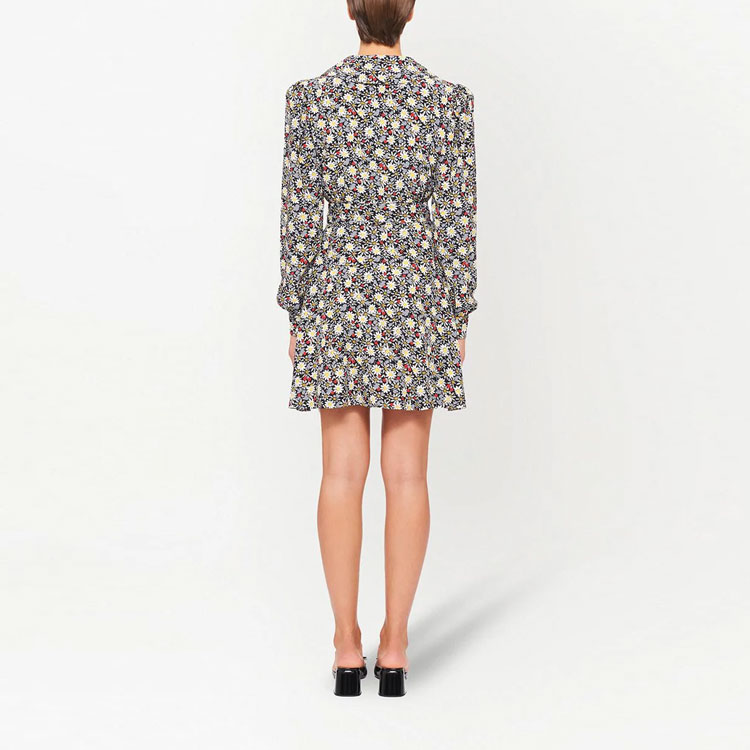 Shop (W) MIU MIU SS21黑色印花长袖绉纱连衣裙 MF4136-1YS4-F0002