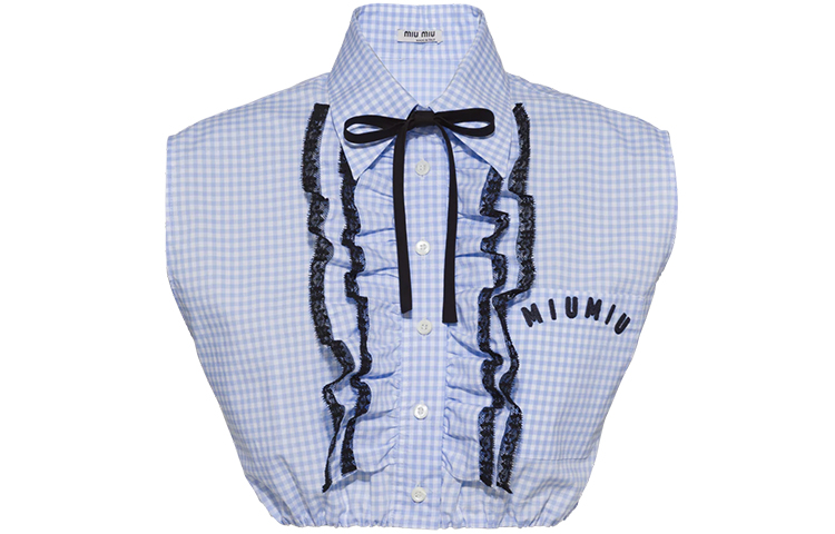 (Women) MIU MIU SS21 Blue Sleeveless Lace Trim Embroidered Checkered Shirt. MK1528-1YJF-F0012
