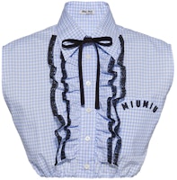 (Women) MIU MIU SS21 Blue Sleeveless Lace Trim Embroidered Checkered Shirt. MK1528-1YJF-F0012 (Women) MIU MIU SS21 Blue Sleeveless Lace Trim Embroidered Checkered Shirt. MK1528-1YJF-F0012